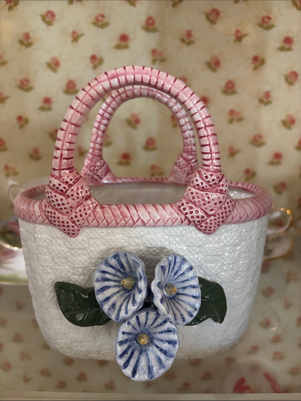Pink-Trim Ceramic Basket with Blue Floral Collezione Italiano Hand Crafted